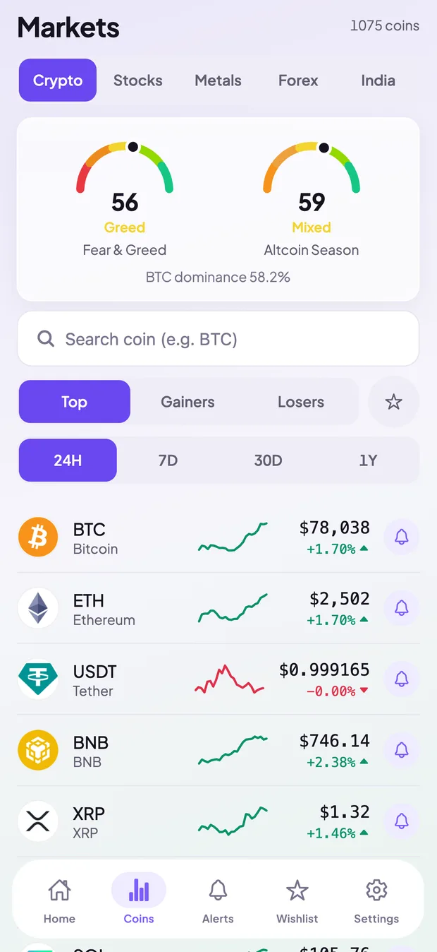 Markets screen with crypto, stocks and metals switcher